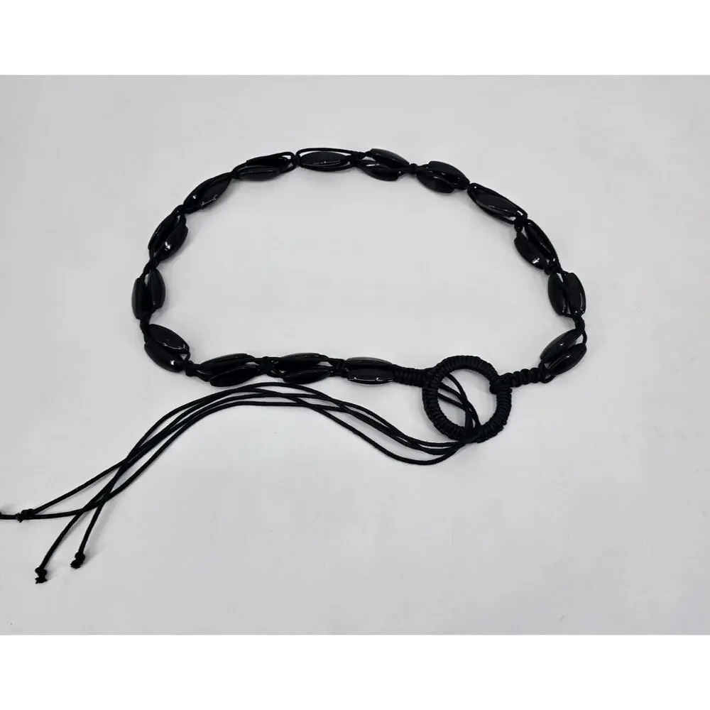 Vintage Macrame Black Beaded Adjustable Belt‎ Waist Tie Boho Minimalist Y2K Goth